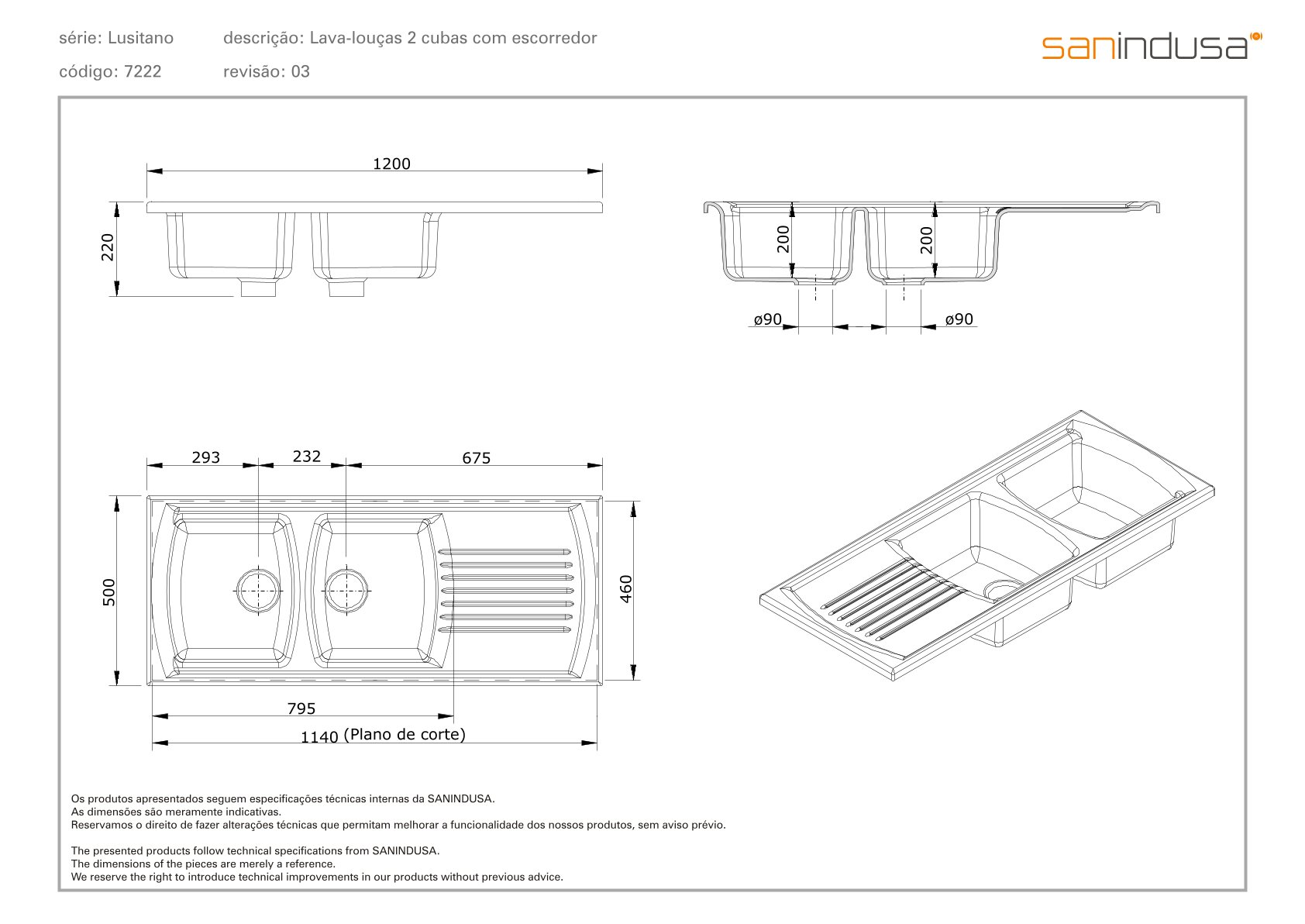 Lusitano keramic dvoudřez s odkládací plochou 1200x500