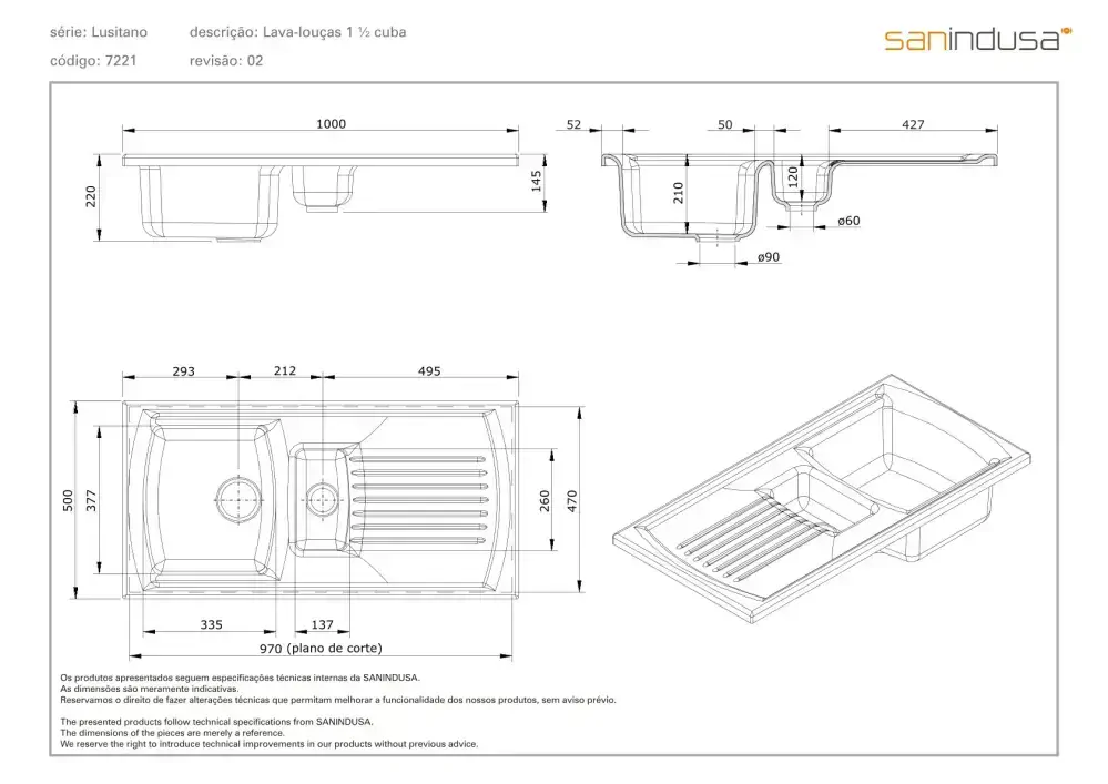 Lusitano Keramický 1 a 1/2 dřez s odkládací plochou 1000x500